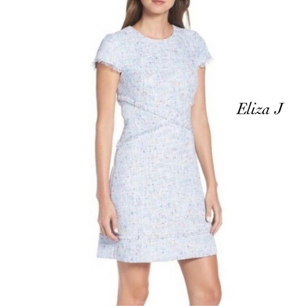 Eliza J Blue Tweed Fringe Sheath Dress Size 14
